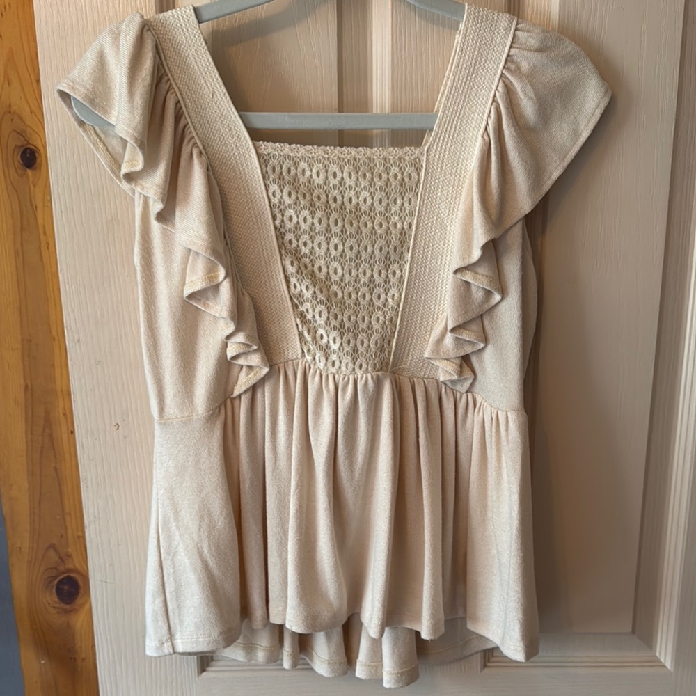 Gimmicks by BKE Tan Flutter Sleeve Blouse with Ruffled Smocked Design